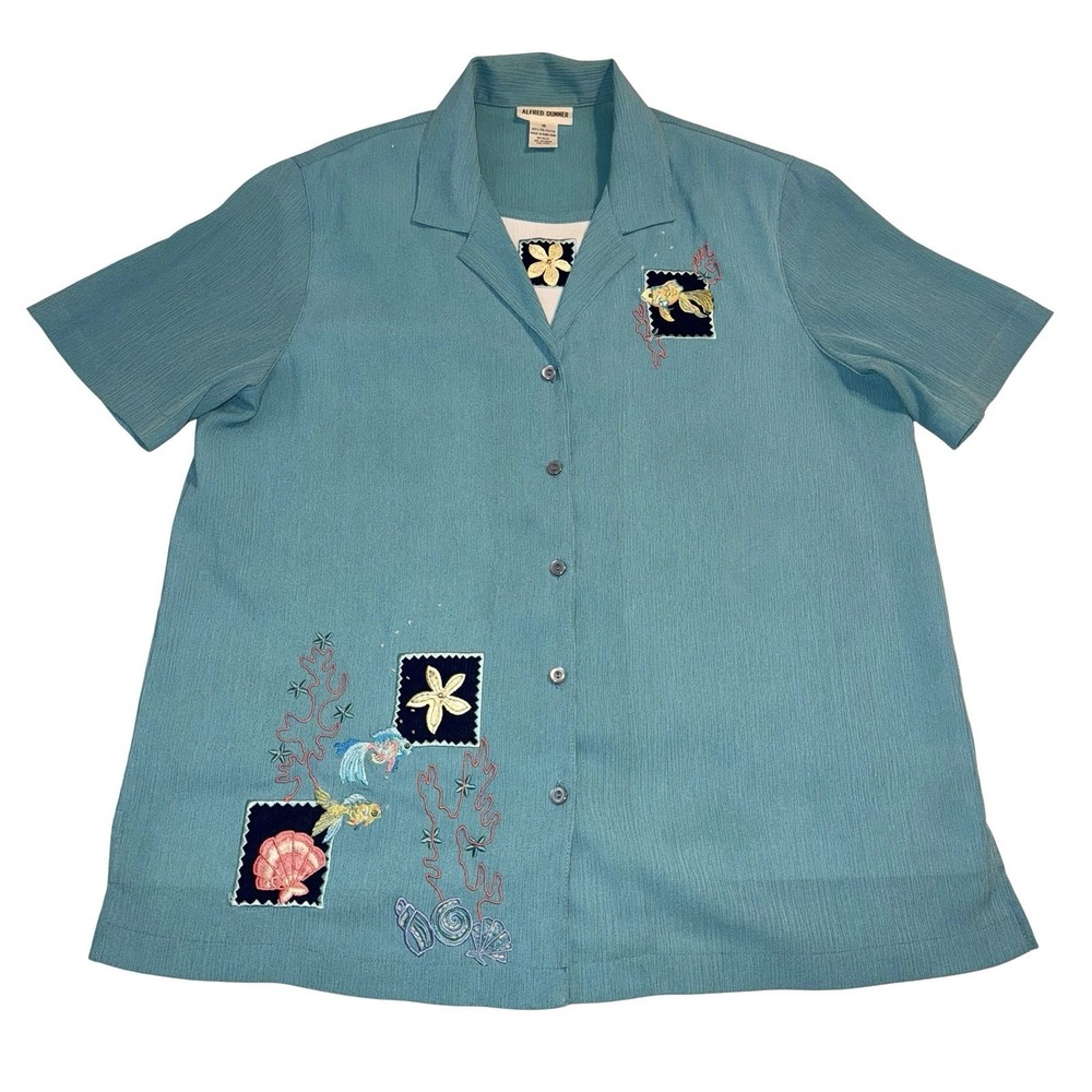 Alfred‎ Dunner Beach Embroidered Shirt Women's XL Size 16 Coastal Grannycore